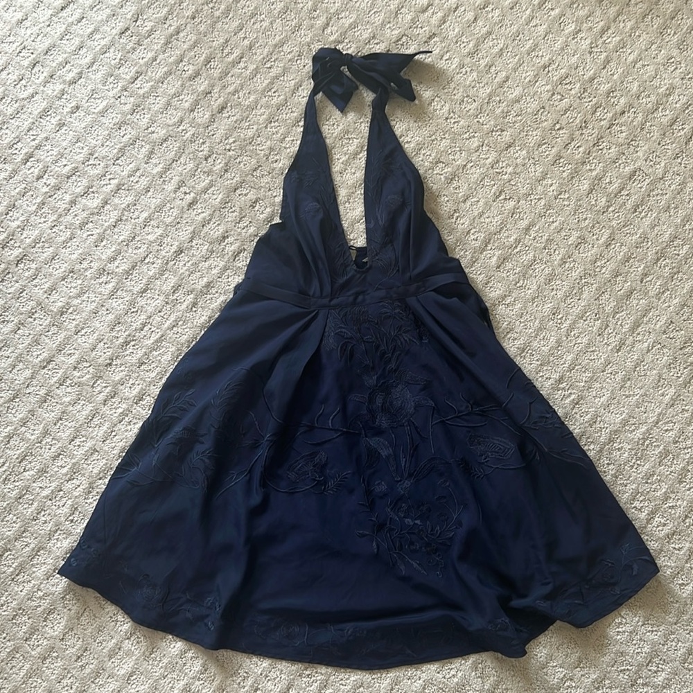Open-Back Halter Navy Silk Mini Dress w. Floral Accents
